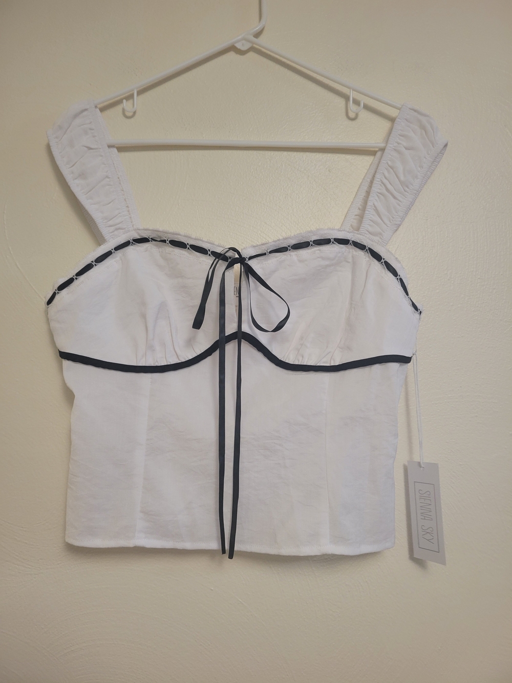 Sienna Sky White Cropped Top with Black Ribbon Detail Size Large